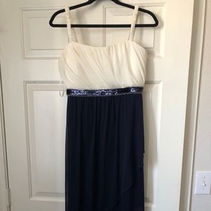 Navy dress with white top and navy/silver beading